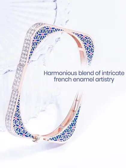 A detailed look at the harmonious blend of intricate French enamel artistry and sparkling diamonds on our unique square kada.