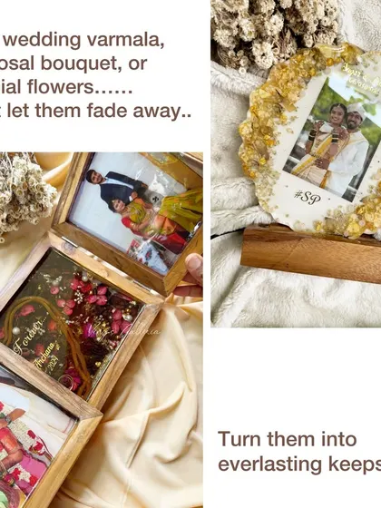 Don't let your wedding varmala or special flowers fade away. This collage shows how I can turn them into everlasting keepsakes, from wooden frames to elegant table decor.
