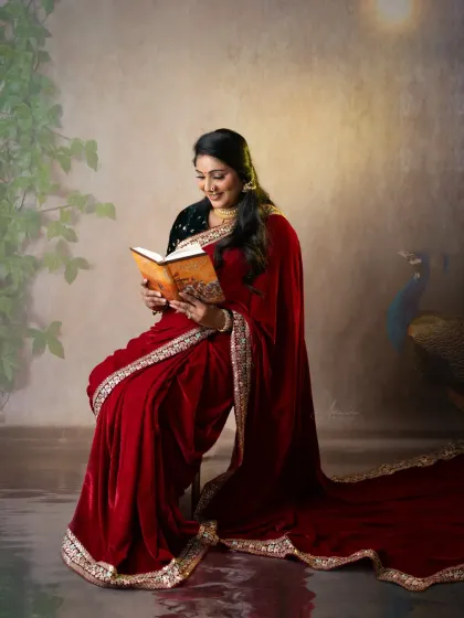 Lost in a story. This portrait of the mom-to-be reading a book has a warm, vintage feel, thanks to the soft lighting and classic props.