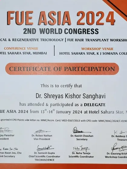 My delegate certificate from the FUE ASIA 2024 World Congress. This event covered the latest in medical and regenerative trichology, including advanced FUE hair transplant workshops.