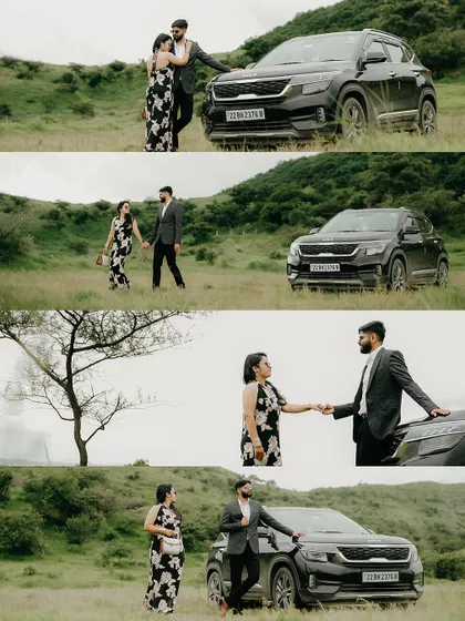 A series of moments from their road trip adventure. This collage shows the couple interacting with each other and their car in a beautiful natural setting.