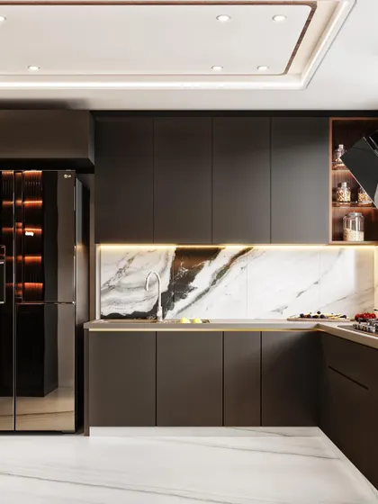 A render showcasing the refrigerator and storage side of the kitchen, demonstrating how I visualize appliance integration and cabinetry layout for a clean, modern look.