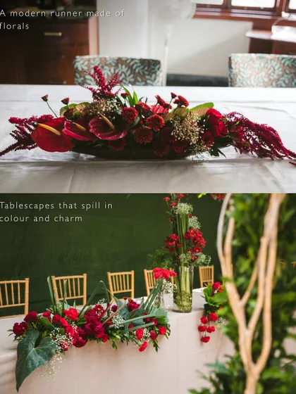 A showcase of two different styles of table runners made of florals. One is a modern, sculptural arrangement, while the other is a lush, cascading design.