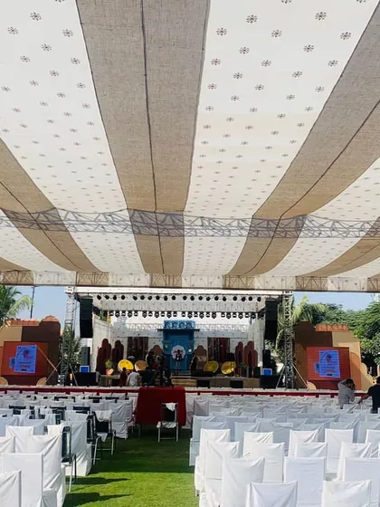 The stage is set and the seats are ready for the audience at the Anjas Mahotsav. We love the energy of a big festival crowd.