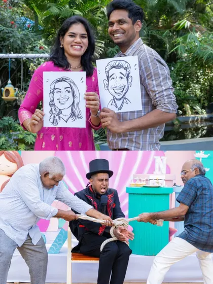 More party activities, including a magician's escape act and guests getting their caricatures drawn.