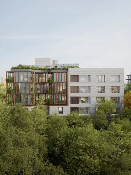 Different perspectives of the Amara Avika apartments in Chennai, showing the interplay of the wood-framed public zones and the solid private areas, both during the day and at dusk.