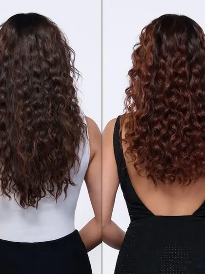 A before-and-after look at Keerthy Suresh's hair transformation. The "after" shot on the right shows the added vibrancy, definition, and shine from our color service.