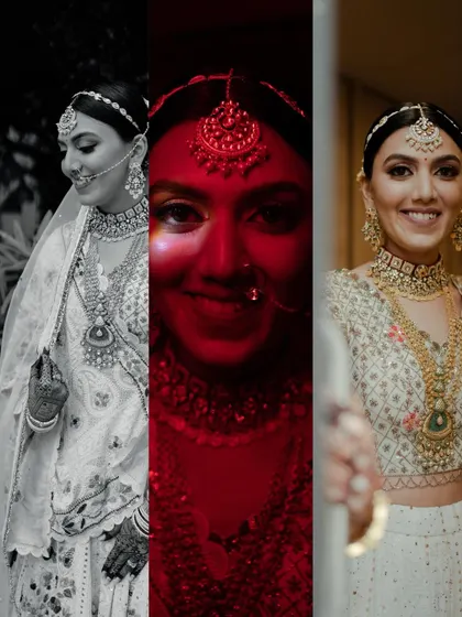 An artistic trio of bridal portraits. We experiment with lighting and color, like the dramatic red light, to create unique and striking images.