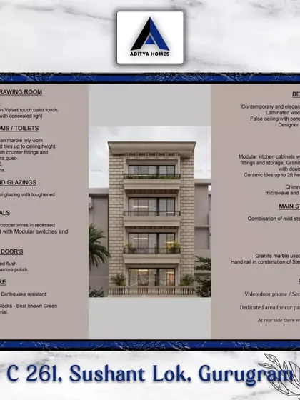 The specification sheet for our C-261 project in Sushant Lok. It details everything from the Italian marble and laminated wooden flooring to the dedicated car parking and security systems.