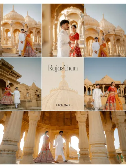 A vibrant collection of images from a Rajasthan pre-wedding shoot, showcasing a change in attire to a colorful lehenga against the golden sandstone architecture.