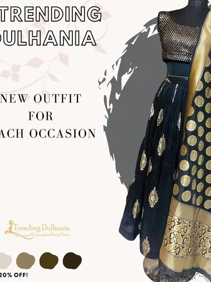 A beautiful black lehenga paired with a traditional Banarasi-style dupatta. This outfit is a perfect blend of modern and classic for any festive occasion.