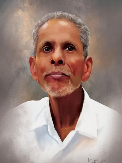 A respectful and dignified memorial portrait of a father, created with a soft and painterly digital style to be a cherished memory.