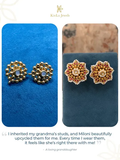 A loving granddaughter inherited her grandma's studs, and we beautifully upcycled them. With added kundan and rubies, she feels her grandma is with her every time she wears them.