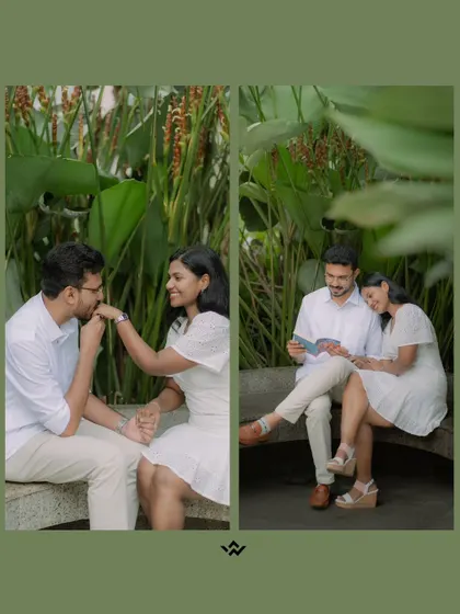 A collage of a couple enjoying a quiet, romantic moment on a park bench. This shows our ability to create a narrative of their interaction.