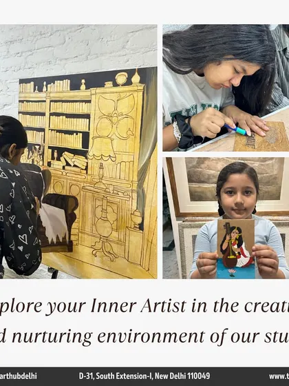 I provide a creative and nurturing studio environment for students to explore their inner artist. This collage shows students proudly displaying their work and focusing on their projects.