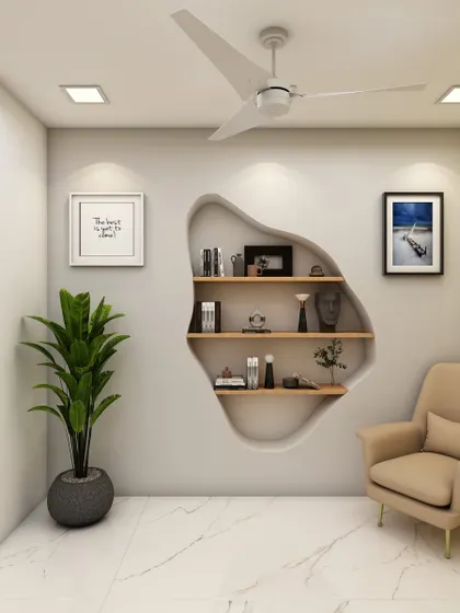 We love creating unique architectural details, like this organically shaped, recessed bookshelf that serves as both storage and a piece of wall art.