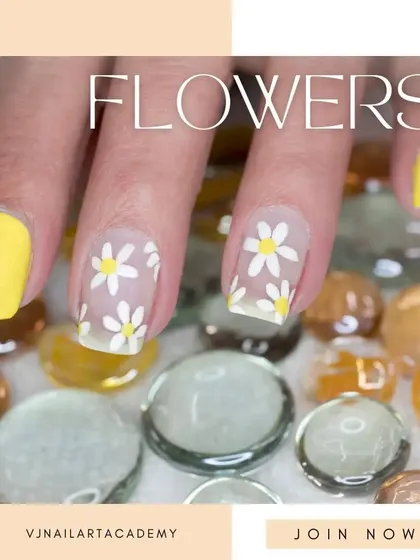 A fresh and cheerful design perfect for spring. This look features a sunny yellow polish paired with accent nails that have a clear base and simple, hand-painted daisies.