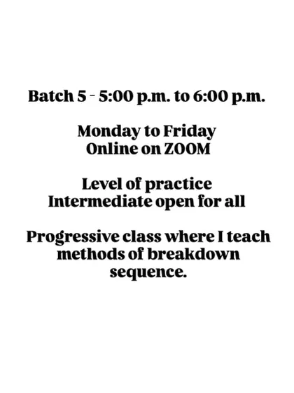 Details for our 5pm online class. This is an intermediate, progressive class where I focus on teaching the breakdown of sequences.