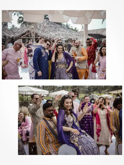 A collage capturing the dancing and energy of a Mehndi party in Goa.