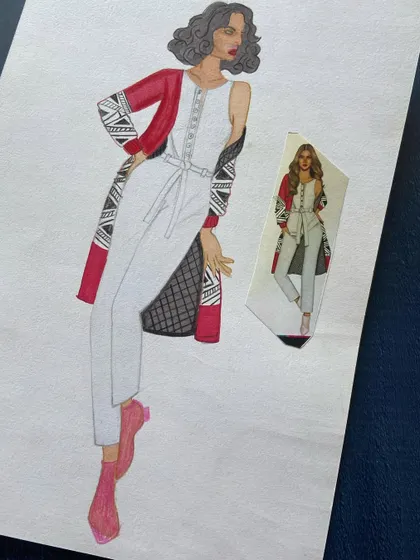 An illustration of a stylish jumpsuit with a patterned longline jacket.