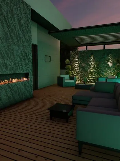 Serenity is a key element of my design philosophy. This proposed terrace lounge features a fireplace and vertical garden, creating a peaceful retreat for cool evenings.