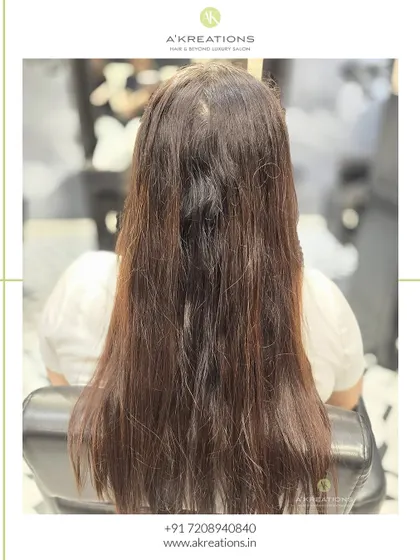 The "before" shot, showing hair that is ready for a rejuvenating Hair Botox and balayage treatment to restore its shine and health.