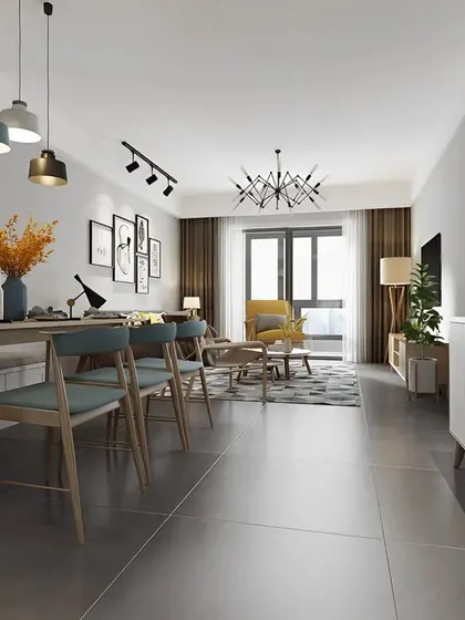 An open-concept living and dining room with a mix of modern furniture and lighting fixtures. The space feels bright, airy, and perfect for a contemporary lifestyle.