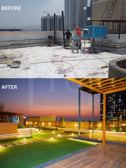 This before and after shot captures the change from a messy construction zone to a sophisticated evening lounge space. The strategic use of deck lighting, a modern pergola, and wooden flooring completely redefines the rooftop's ambiance.