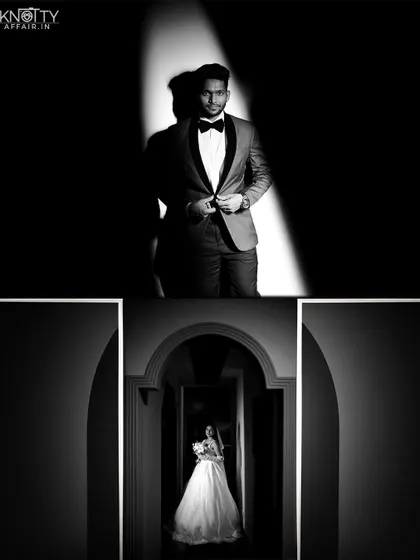 Dramatic black and white portraits of the bride and groom, using creative lighting and architectural elements to create a moody, cinematic feel.