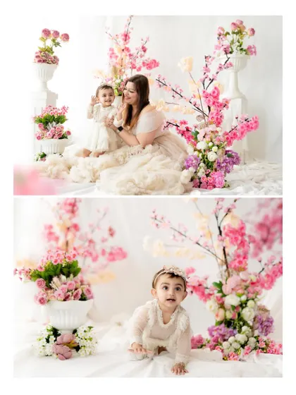 A collage showing the sweet interactions between a mother and her daughter during their floral-themed studio session, along with a beautiful solo shot of the little one.