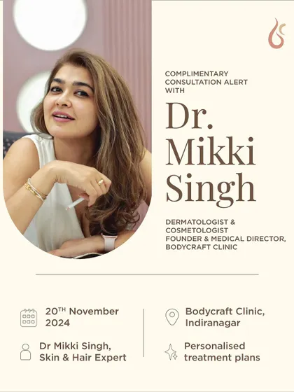 Get personalized advice directly from our founder and medical director, Dr. Mikki Singh. This is an announcement for a complimentary one-on-one consultation, offering a unique opportunity to get expert guidance for your skin and hair needs.