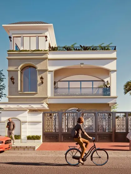 Different angles of the 4BHK duplex home, showcasing its unique blend of architectural styles. The design is perfect for those looking for a home with character and a touch of historical grandeur.