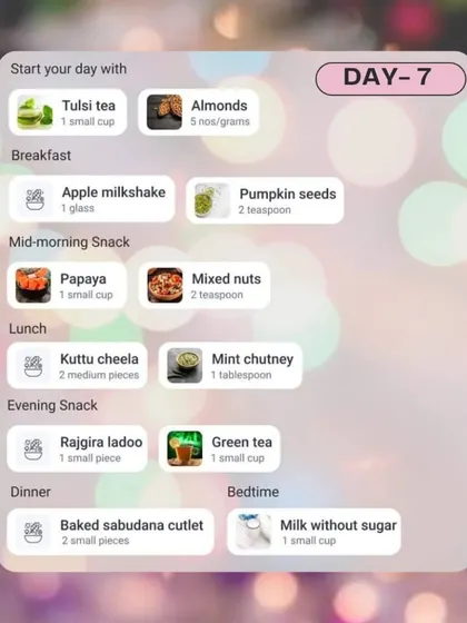 This is the sample meal plan for Day 7 of my Navratri fasting guide. It includes a variety of foods like apple milkshake, kuttu cheela, and baked sabudana cutlets to keep your diet diverse and nutritious.