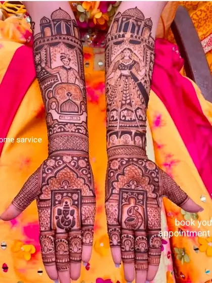 I am a specialist in face mehndi, creating detailed portraits of the bride and groom. This design also includes Ganesha and other auspicious symbols for the wedding.