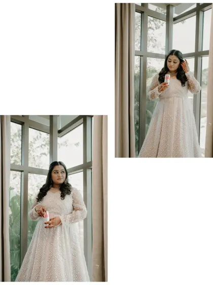 A beautiful portrait of the bride-to-be, Monika, getting ready for her engagement in Matheran. The natural light from the window adds a soft, ethereal glow.