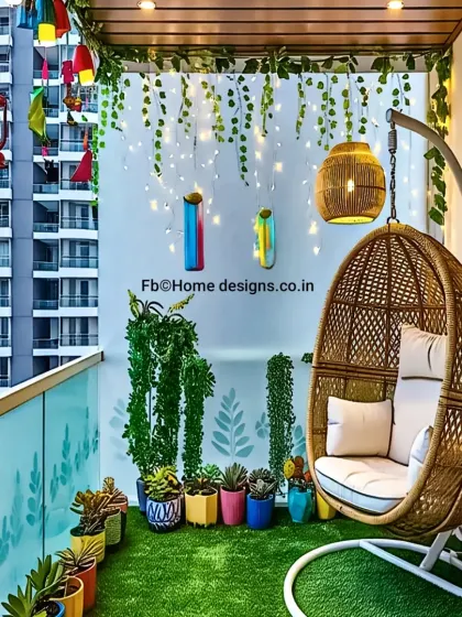 This cozy balcony features a comfortable swing chair, artificial turf, and hanging fairy lights. The colorful planters and lanterns add a bohemian and whimsical touch.