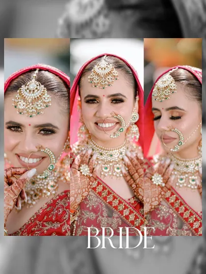 A triptych of the bride's radiant, smiling portraits. These close-ups showcase her stunning makeup and traditional Himachali nose ring.