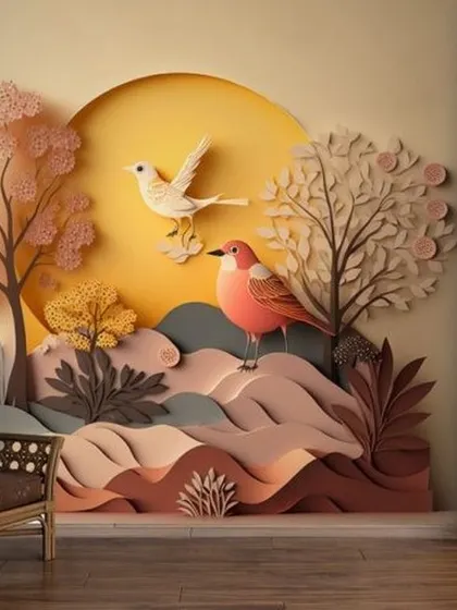 A beautiful and artistic 3D wallpaper concept featuring paper-craft style birds and trees against a warm sun. This design adds texture, depth, and a touch of handmade charm.