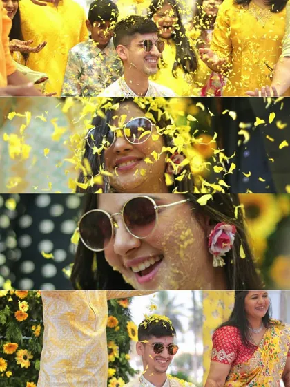 This collage tells the story of a Haldi ceremony through a series of joyful, candid moments. The shower of petals and the happy faces of the couple and their guests capture the event's essence.