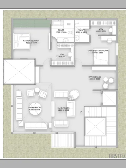 The first-floor plan of The Courtyard Glasshouse, detailing the private spaces. The layout includes a master bedroom, a daughter's bedroom, and an office, all arranged to maximize light and views while ensuring functionality.