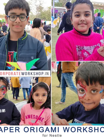 Children enjoying both origami and face painting at an outdoor event. We often combine multiple art activities to provide a comprehensive creative experience for event attendees.