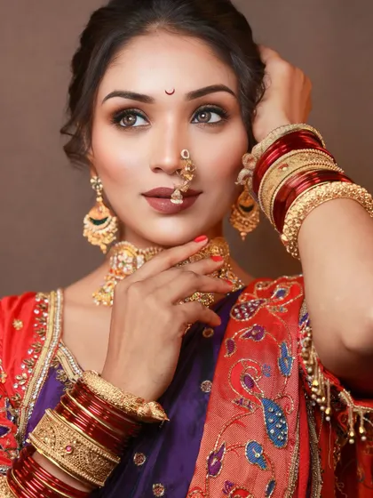 A powerful and elegant pose from a traditional bridal shoot. The makeup features sharp, defined eyes and a matte lip, creating a look that is both modern and rooted in tradition.