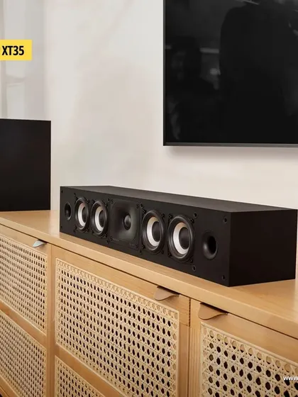 The slim POLK Monitor XT35 center channel speaker is designed to fit in spaces where traditional center speakers cannot. Its multiple drivers create a wide, detailed soundstage for clear dialogue.