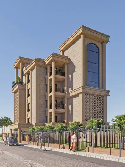 A stunning corner view of a large-scale classical apartment building. The design combines breathtaking vistas with sophisticated architecture, offering unparalleled urban living.
