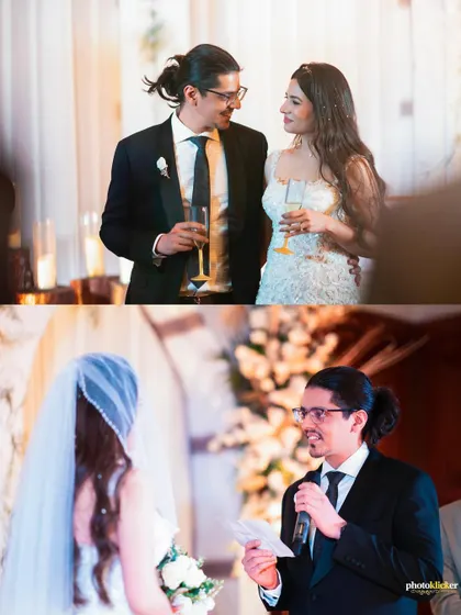 A beautiful two-photo story of the couple exchanging vows and sharing a toast, capturing the essence of their commitment and celebration.
