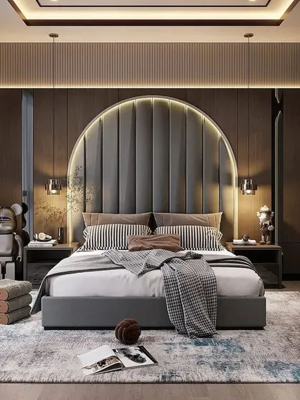 A full view of the dark wood bedroom concept, showing the arched headboard, modern decor pieces, and the overall luxurious feel of the space.