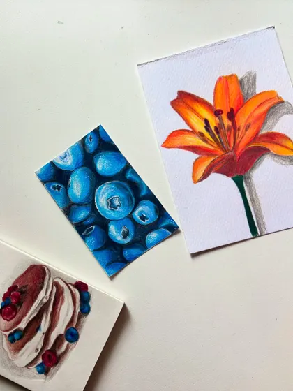 Testing out my new Staedtler color pencils with some mini drawings of blueberries, a lily, and pancakes.