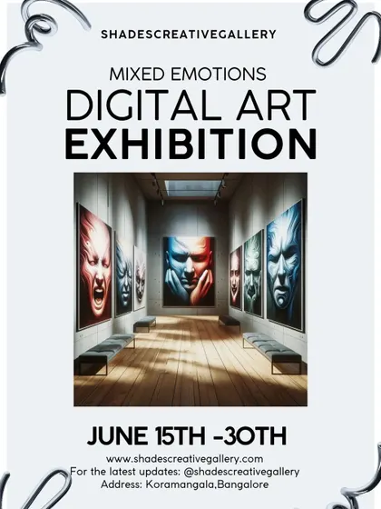 This poster announces our "Mixed Emotions" digital art exhibition. We are proud to present innovative shows that explore the intersection of art, emotion, and technology.