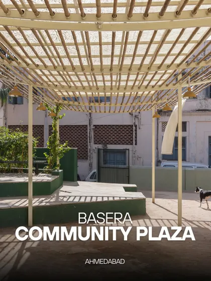 A poster image for the Basera Community Plaza project, capturing the simple elegance of the bamboo and steel structure.