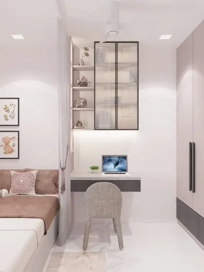 Another angle of the teenager's room, showing a different configuration with the bed against a wall adorned with framed art. The design maintains a soft, neutral palette with touches of dusty rose for a calm and sophisticated feel.
